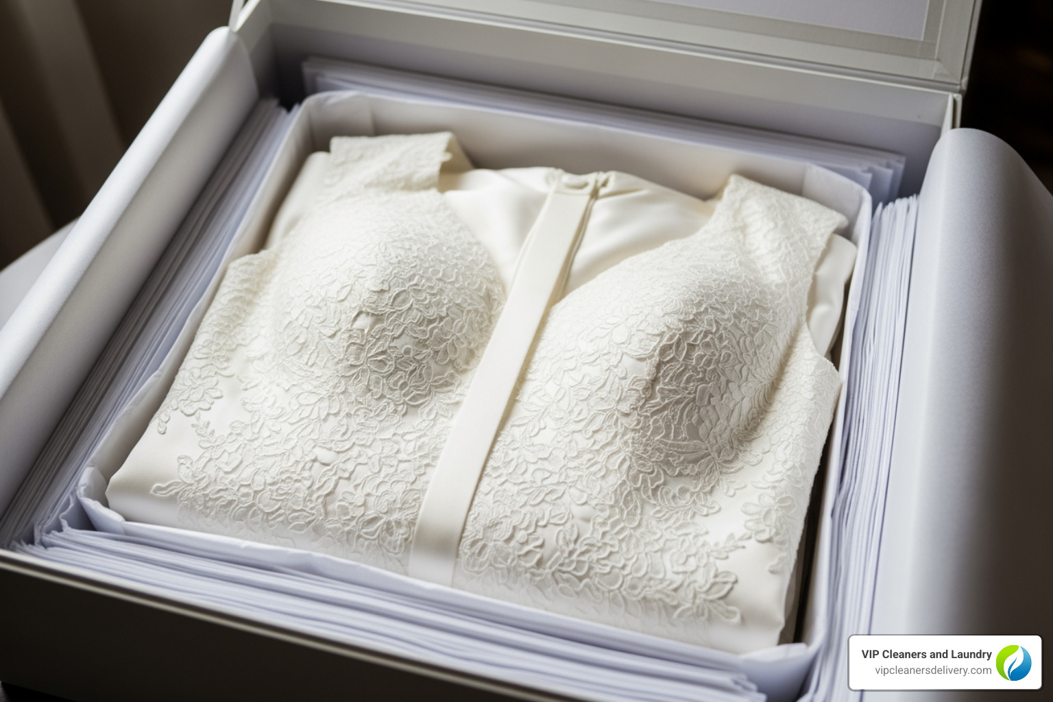 A perfectly folded wedding dress inside a museum-quality preservation box with acid-free tissue paper - wedding dress repair and cleaning