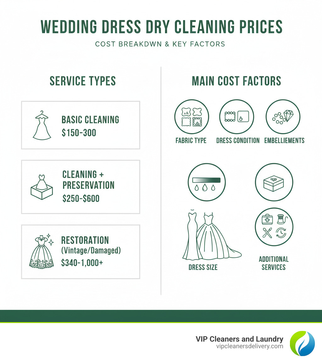 Infographic showing the breakdown of wedding dress dry cleaning prices by service type: basic cleaning ranges from $150-$300, cleaning with preservation ranges from $250-$600, and restoration for vintage or heavily damaged dresses ranges from $340-$1,000+. The infographic also illustrates the five main cost factors: fabric type with icons for silk, satin, and lace, dress condition showing stain severity levels, embellishments with images of beading and crystals, dress size comparing a simple sheath to a ball gown with cathedral train, and additional services including preservation boxes, repair tools, and rush service clock icons. - wedding dress dry cleaning prices infographic Infographic showing the breakdown of wedding dress dry cleaning prices by service type: basic cleaning ranges from $150-$300, cleaning with preservation ranges from $250-$600, and restoration for vintage or heavily damaged dresses ranges from $340-$1,000+. The infographic also illustrates the five main cost factors: fabric type with icons for silk, satin, and lace, dress condition showing stain severity levels, embellishments with images of beading and crystals, dress size comparing a simple sheath to a ball gown with cathedral train, and additional services including preservation boxes, repair tools, and rush service clock icons. - wedding dress dry cleaning prices infographic