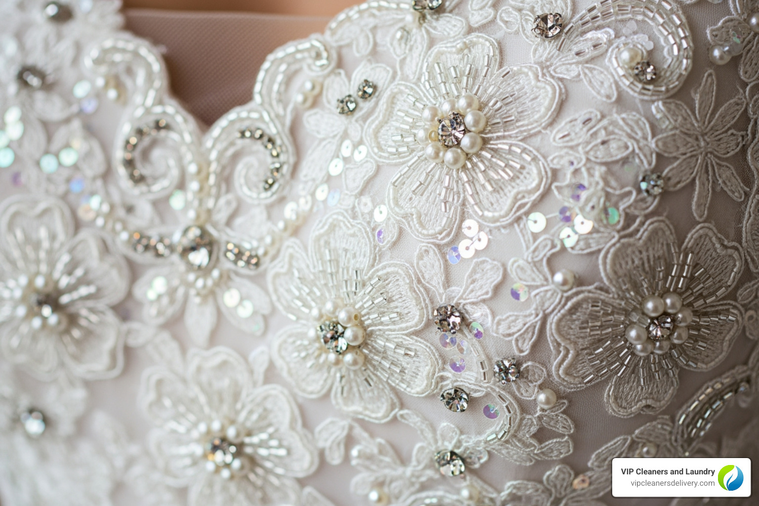close-up on intricate beading and lace on a wedding dress - wedding dress dry cleaning prices close-up on intricate beading and lace on a wedding dress - wedding dress dry cleaning prices