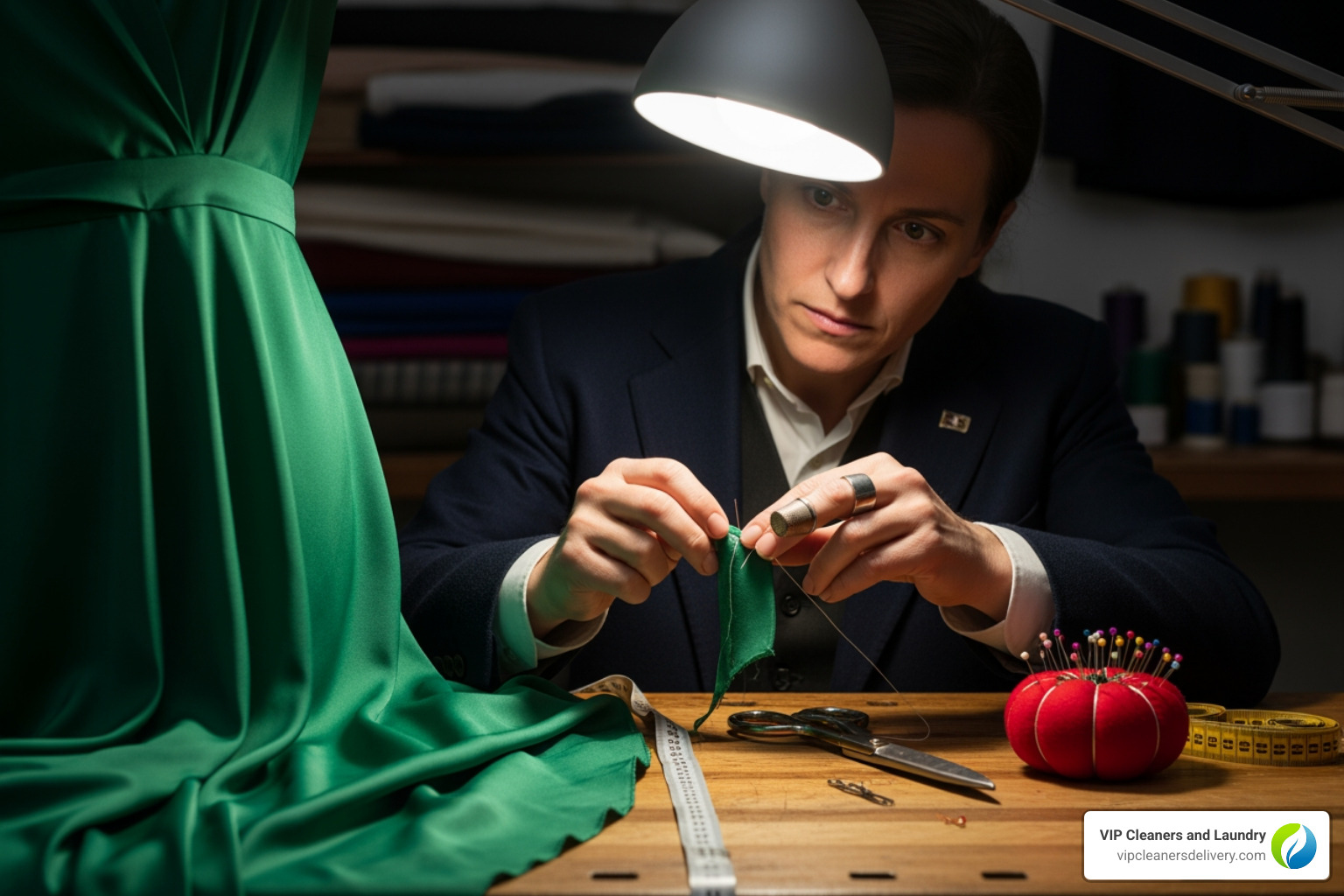 A tailor meticulously working on a dress, highlighting precision in rush alterations - rush alterations near me A tailor meticulously working on a dress, highlighting precision in rush alterations - rush alterations near me