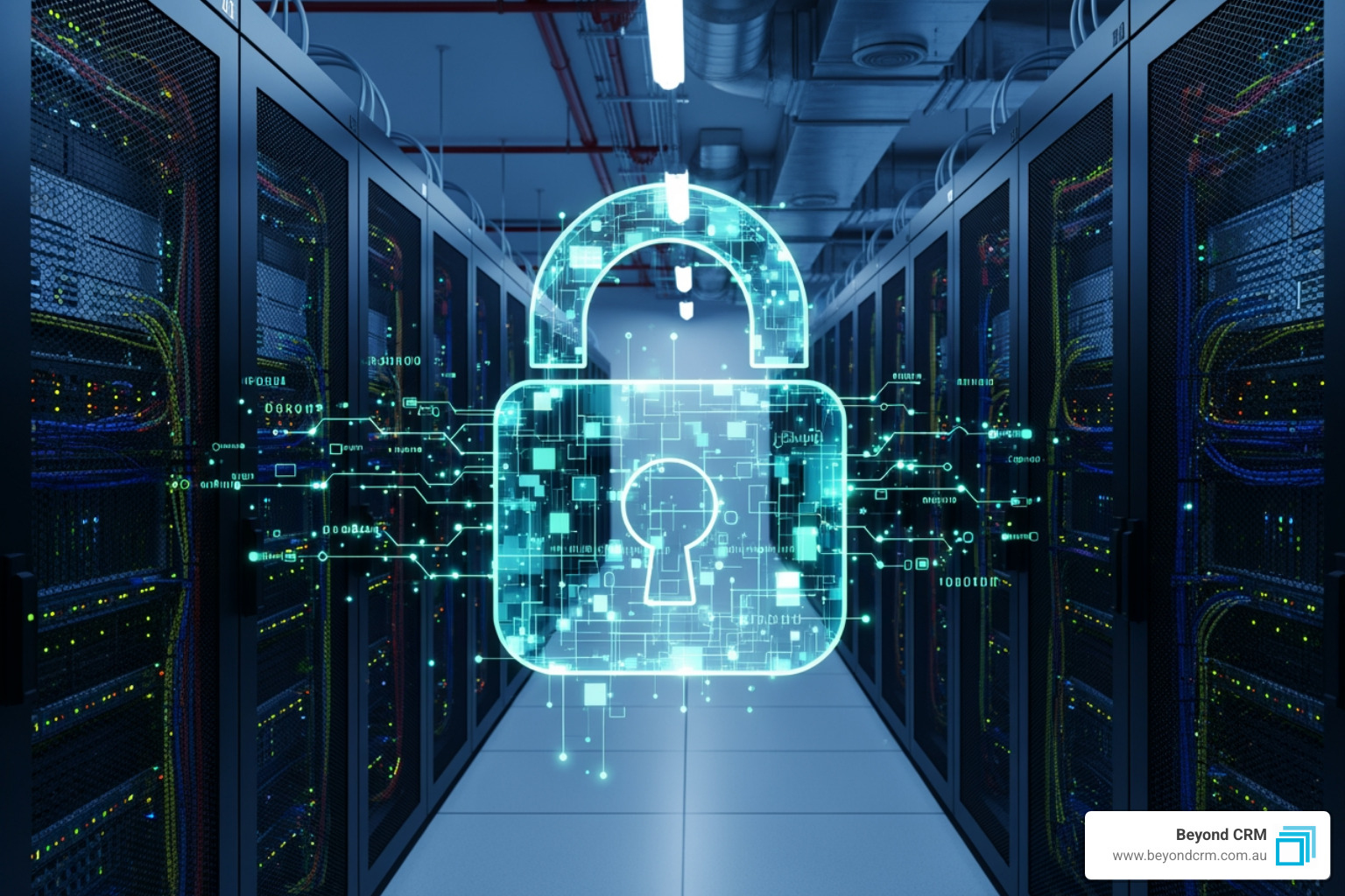 Secure server room with abstract digital padlock overlay, representing robust data security and compliance measures for financial data. - CRM financial system integrations
