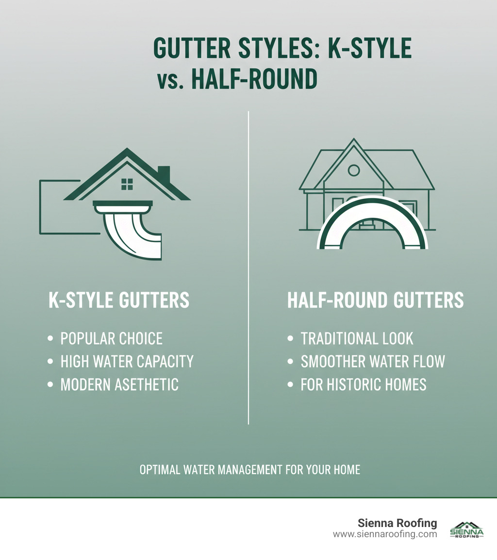 Infographic comparing K-style vs. half-round gutters: K-style shows a cross-section resembling crown molding, noting its popularity, high capacity, and modern look. Half-round shows a semicircular cross-section, highlighting its traditional aesthetic, smoother interior for water flow, and suitability for historic homes. - gutter installation missouri city infographic 