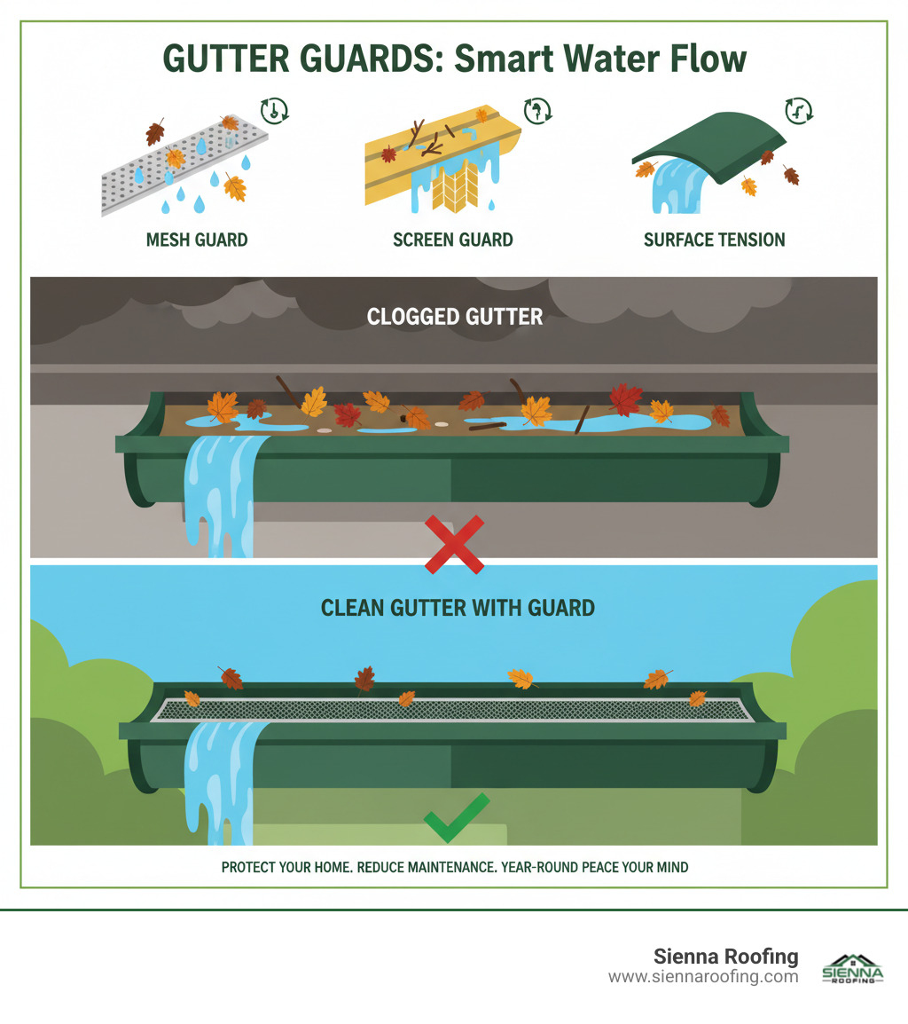 Infographic showing different types of gutter guards (mesh, screen, surface tension) and how they prevent leaves and debris from entering the gutter while allowing water to flow through. A clear visual contrasts a clogged gutter overflowing with leaves and water against a clean gutter with a guard effectively directing water. - gutter installation missouri city infographic 