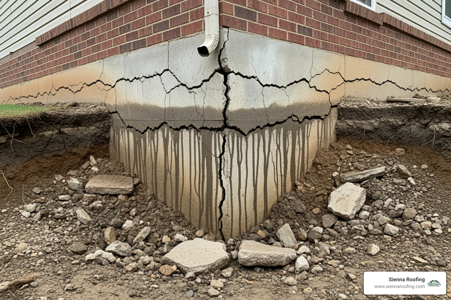 Image of foundation cracks near a home's corner, illustrating the effects of uncontrolled water runoff. - gutter installation missouri city