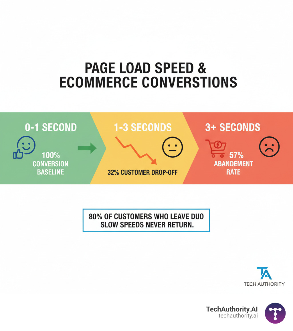 Infographic showing how page load speed affects ecommerce conversions: 0-1 second load time shows happy customer icon with 100% conversion baseline, 1-3 seconds shows 32% customer drop-off with declining graph, 3+ seconds shows 57% abandonment rate with empty shopping cart icon, and includes stat that 80% of customers who leave due to slow speeds never return - ecommerce web hosting infographic 