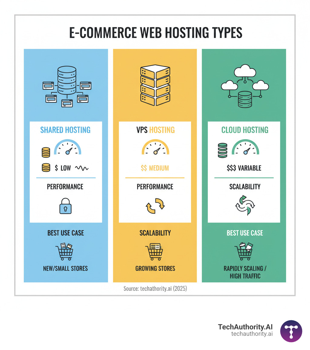 Infographic comparing Shared, VPS, and Cloud hosting on cost, performance, scalability, and best use case - ecommerce web hosting infographic 