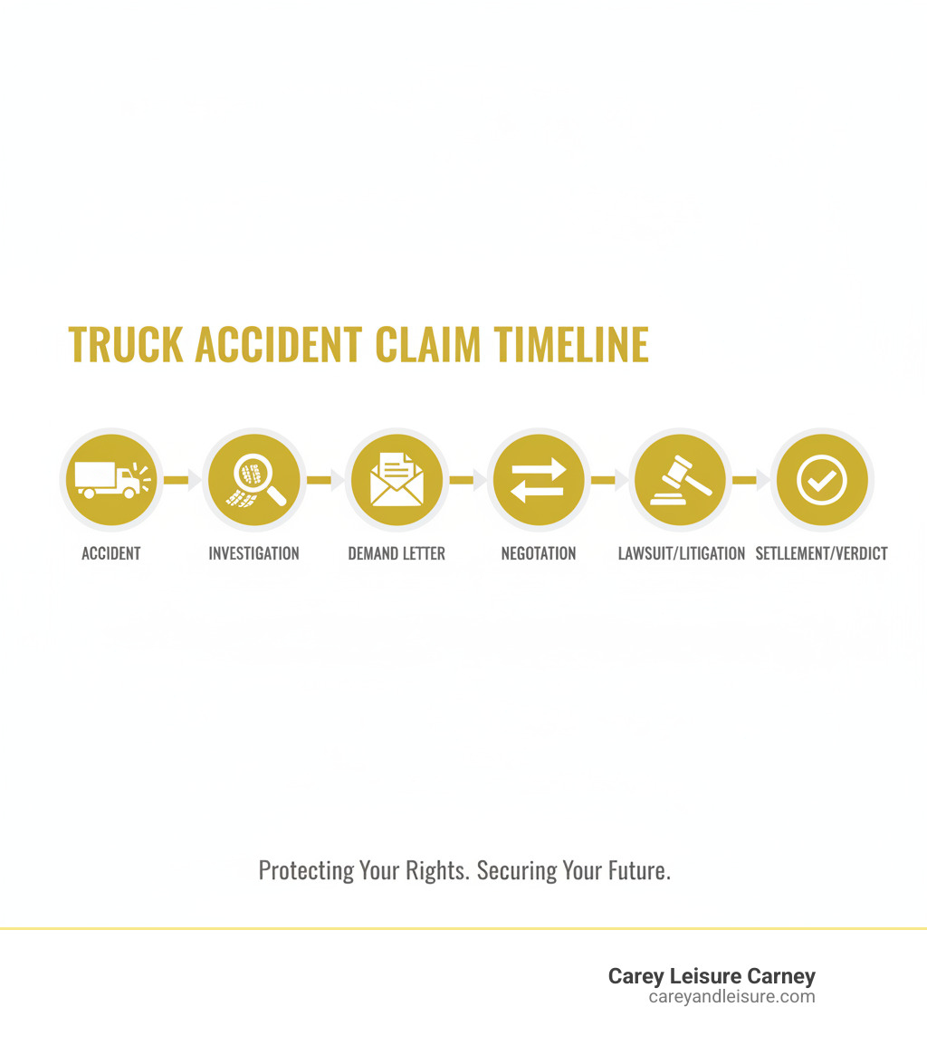 timeline of a truck accident claim: Accident -> Investigation -> Demand Letter -> Negotiation -> Lawsuit/Litigation -> Settlement/Verdict - truck accident injury attorneys infographic timeline of a truck accident claim: Accident -> Investigation -> Demand Letter -> Negotiation -> Lawsuit/Litigation -> Settlement/Verdict - truck accident injury attorneys infographic