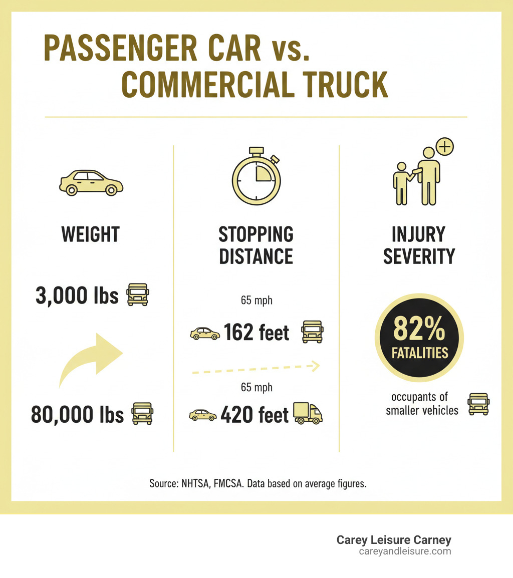 infographic comparing passenger car versus commercial truck: weight 3,000 lbs vs 80,000 lbs, stopping distance at 65 mph 162 feet vs 420 feet, and injury severity statistics showing 82% of fatalities are occupants of smaller vehicles - truck accident injury attorneys infographic infographic comparing passenger car versus commercial truck: weight 3,000 lbs vs 80,000 lbs, stopping distance at 65 mph 162 feet vs 420 feet, and injury severity statistics showing 82% of fatalities are occupants of smaller vehicles - truck accident injury attorneys infographic