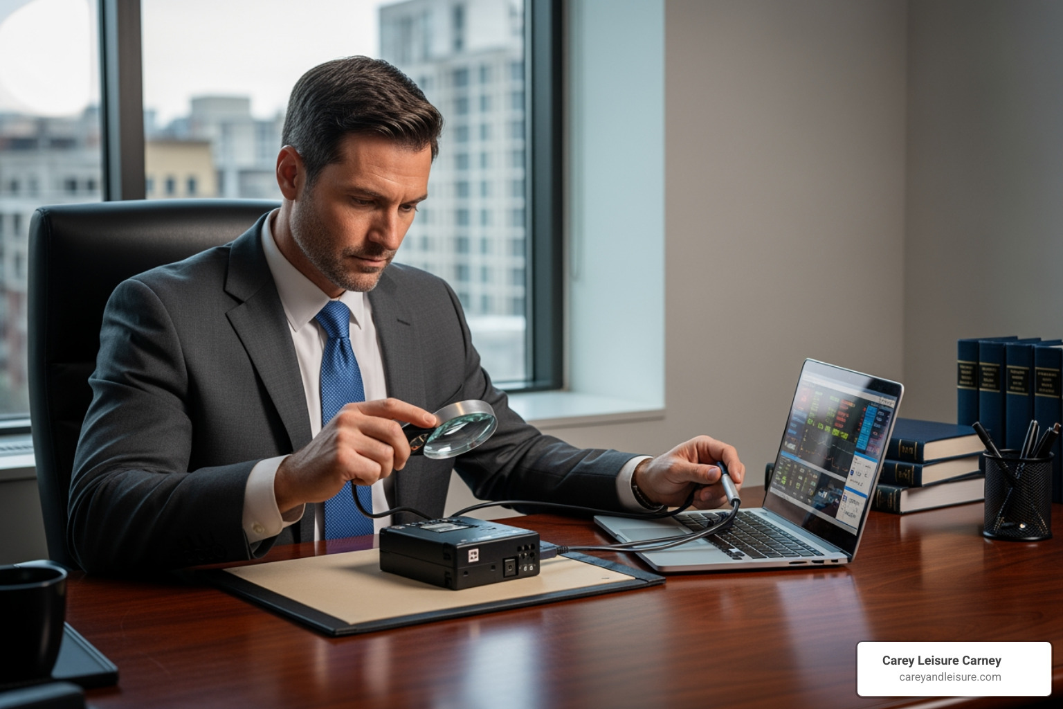 an attorney examining a truck's "black box" data recorder - truck accident injury attorneys an attorney examining a truck's "black box" data recorder - truck accident injury attorneys