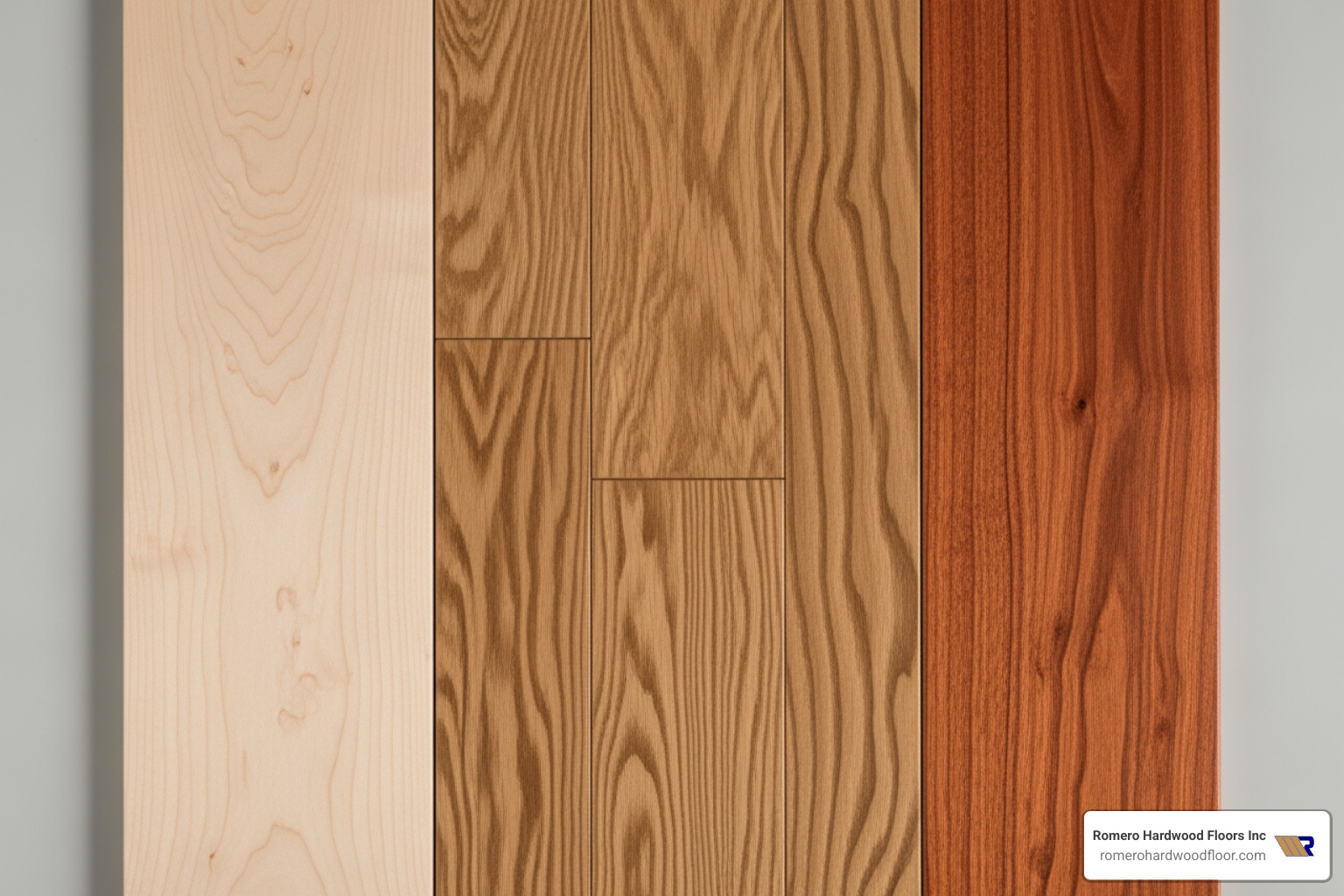 Image of various hardwood floor planks showing different wood species like oak, maple, and cherry - estimated cost of hardwood floor repair