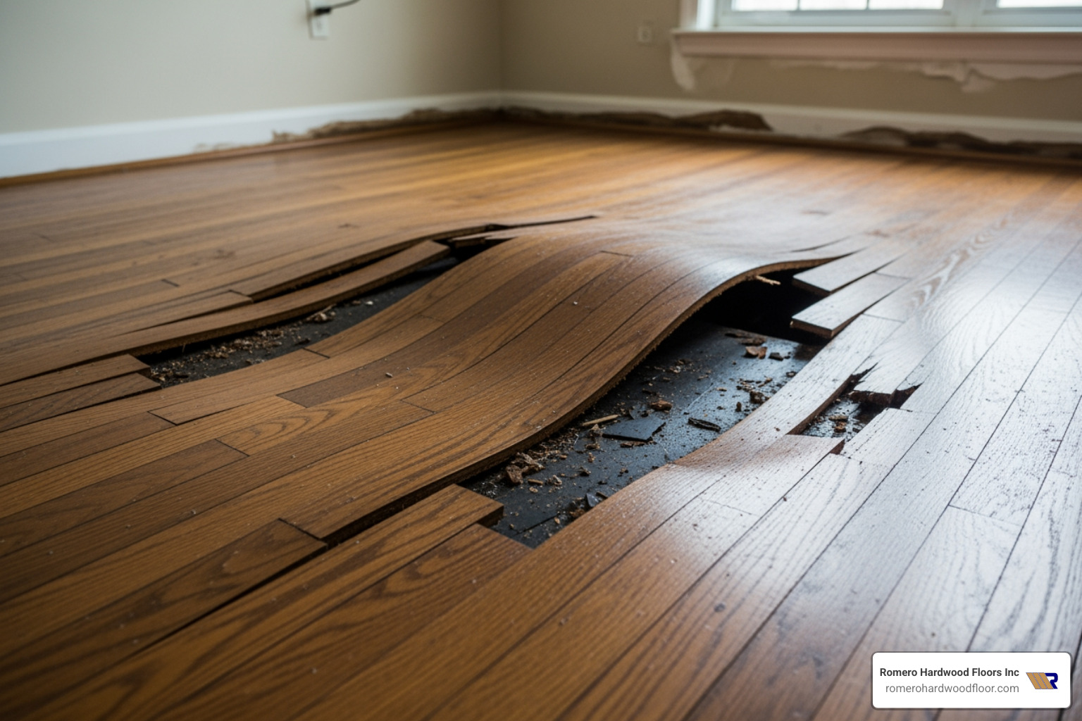 Image of severe water damage causing a hardwood floor to buckle - estimated cost of hardwood floor repair