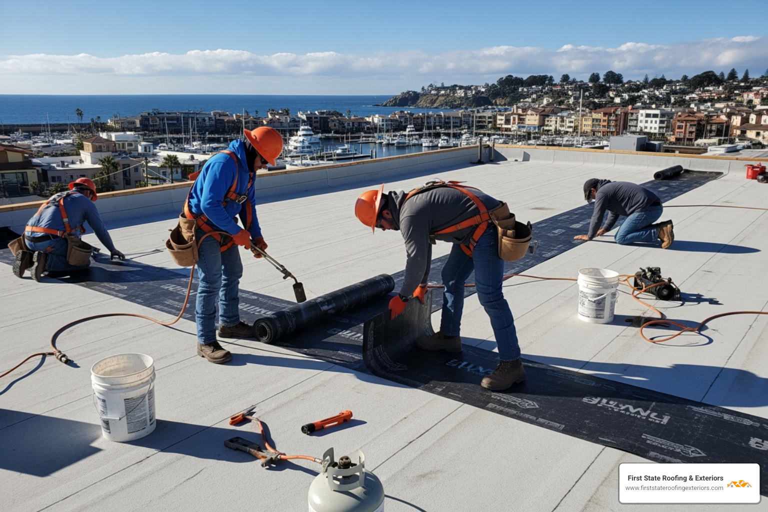 Roofing crew working safely with harnesses on a commercial building in Milton Delaware - roofing Milton