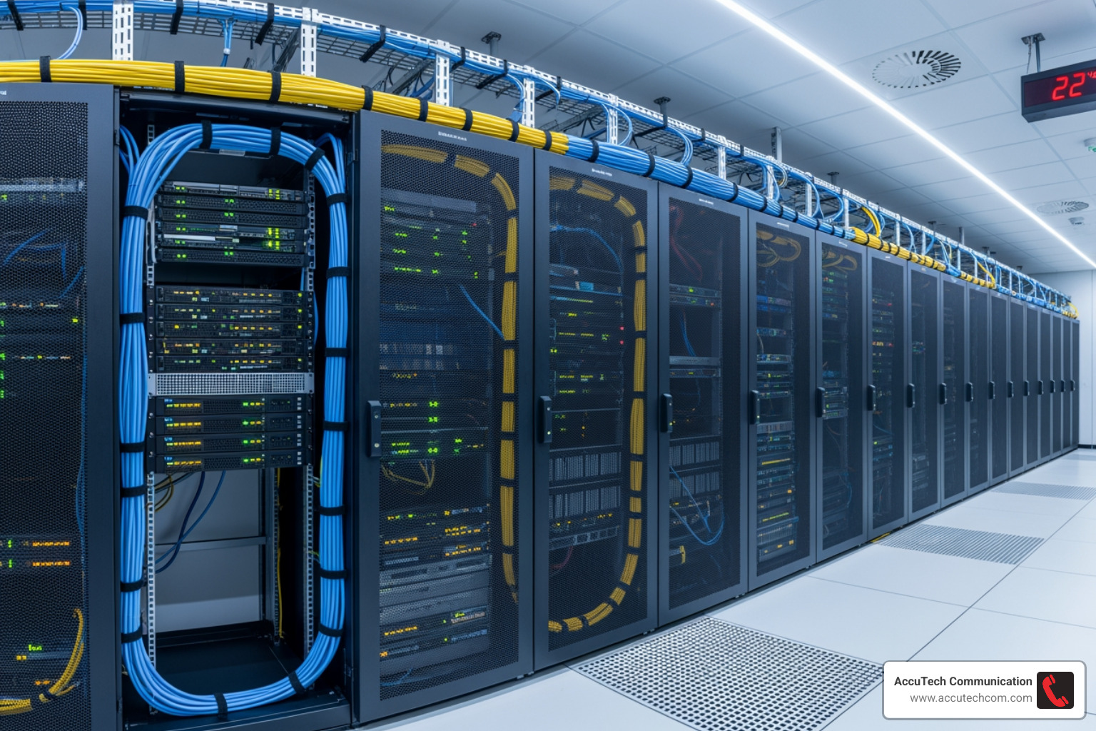 Modern, efficient business server room with neatly organized structured cabling and operating smart devices - professional wiring services Modern, efficient business server room with neatly organized structured cabling and operating smart devices - professional wiring services