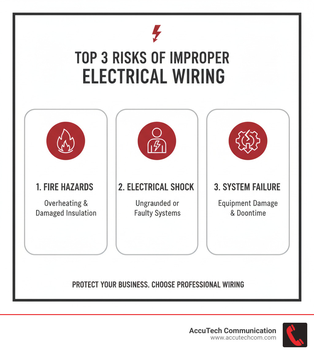 Infographic showing the top 3 risks of improper electrical wiring: 1. Fire hazards from overheating and damaged insulation, 2. Electrical shock from ungrounded or faulty systems, 3. System failure leading to equipment damage and operational downtime - professional wiring services infographic Infographic showing the top 3 risks of improper electrical wiring: 1. Fire hazards from overheating and damaged insulation, 2. Electrical shock from ungrounded or faulty systems, 3. System failure leading to equipment damage and operational downtime - professional wiring services infographic
