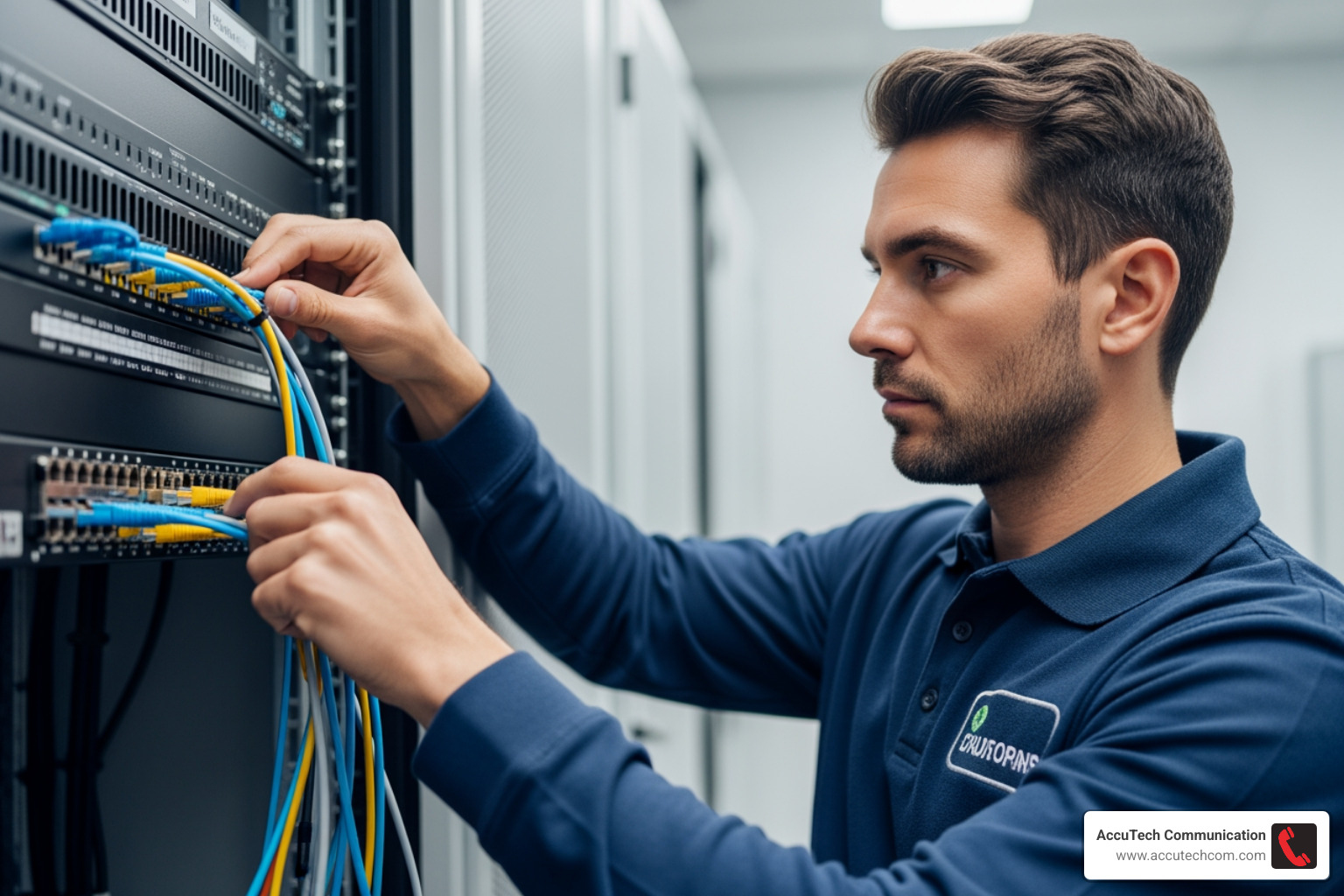 AccuTech technician working on a network patch panel - professional wiring services AccuTech technician working on a network patch panel - professional wiring services