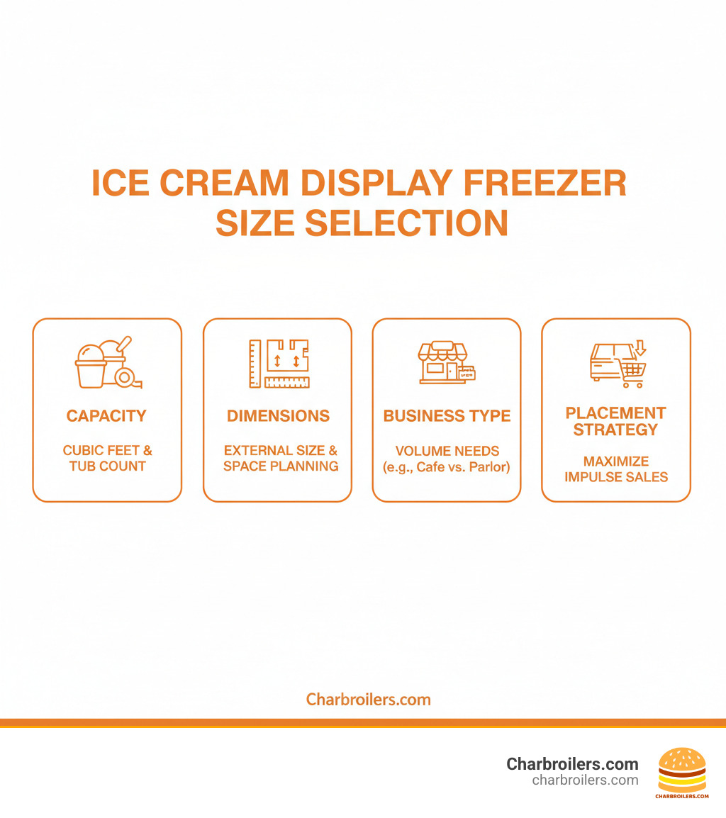 Infographic showing ice cream display freezer size selection factors: capacity measured in cubic feet and tub count, external dimensions for space planning, business type determining volume needs, and placement strategy for maximizing impulse sales - ice cream display freezer size infographic 