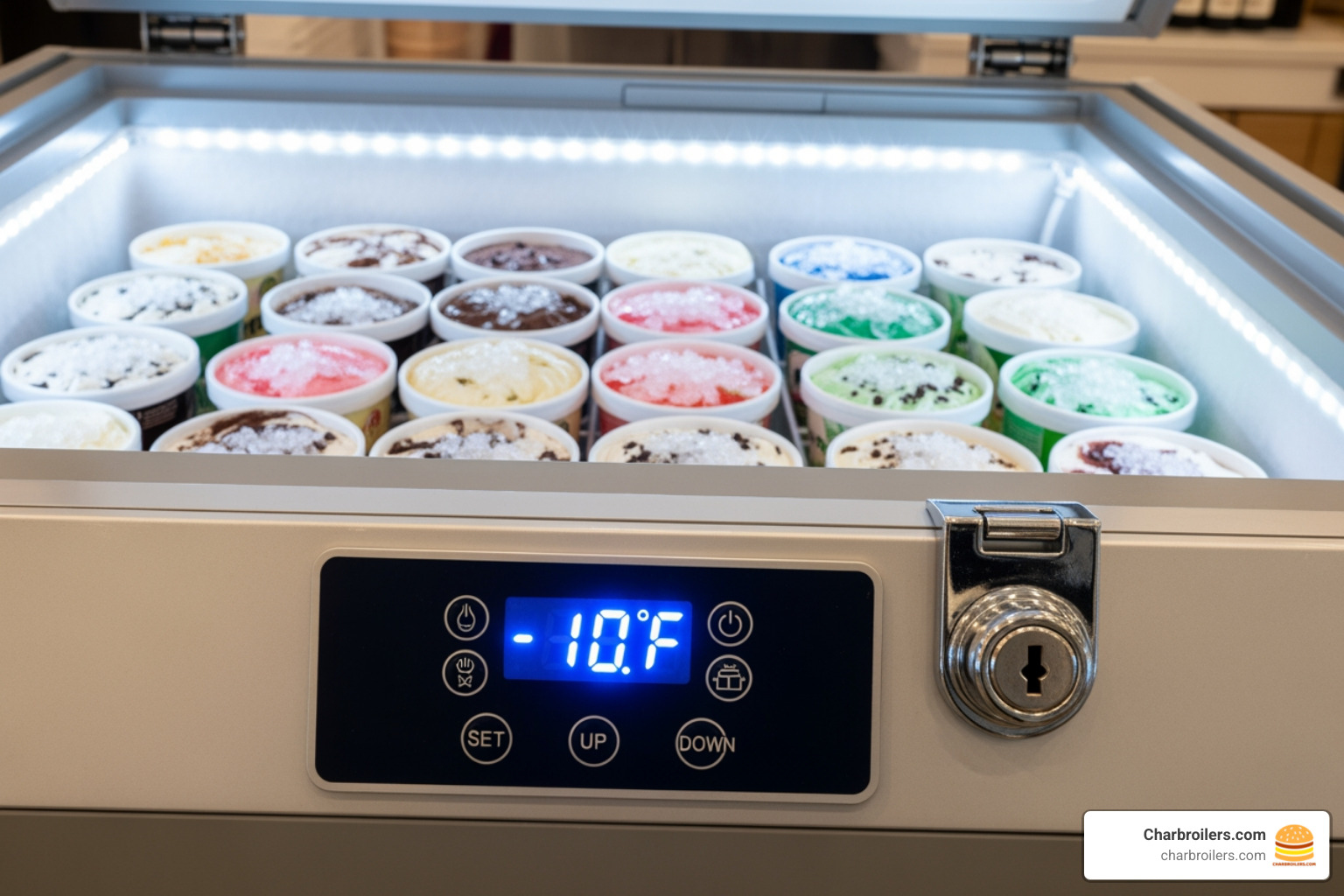 Close-up of a commercial ice cream freezer's digital temperature control, bright LED interior lights, and a sturdy lid lock - ice cream display freezer size