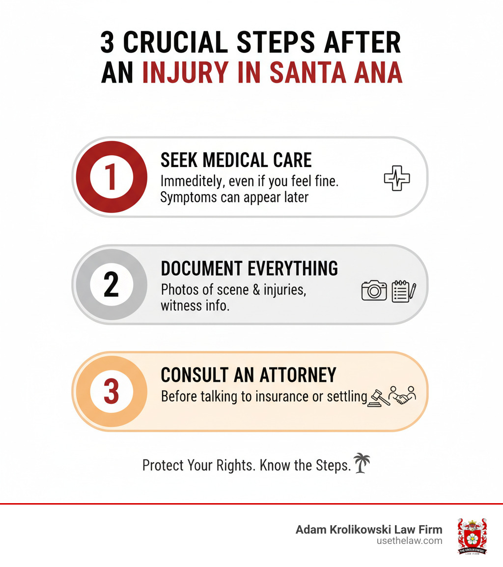 Infographic showing 3 crucial steps after an injury in Santa Ana: Step 1 - Seek Medical Care immediately, even if you feel fine, as some injuries show symptoms later; Step 2 - Document Everything including photos of the scene, your injuries, and witness contact information; Step 3 - Consult an Attorney before talking to insurance companies or accepting any settlement offers - personal injury attorney in santa ana infographic Infographic showing 3 crucial steps after an injury in Santa Ana: Step 1 - Seek Medical Care immediately, even if you feel fine, as some injuries show symptoms later; Step 2 - Document Everything including photos of the scene, your injuries, and witness contact information; Step 3 - Consult an Attorney before talking to insurance companies or accepting any settlement offers - personal injury attorney in santa ana infographic