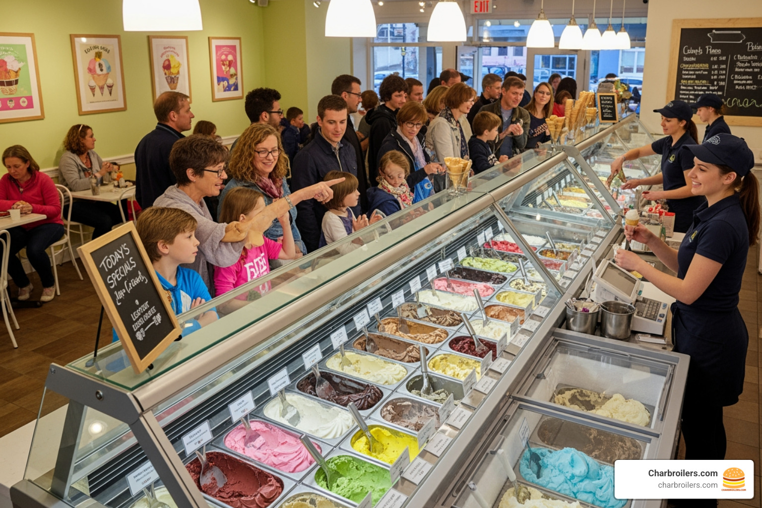 Medium-sized flat-top ice cream display freezer in a bustling ice cream shop, showcasing various flavors - ice cream display freezer size