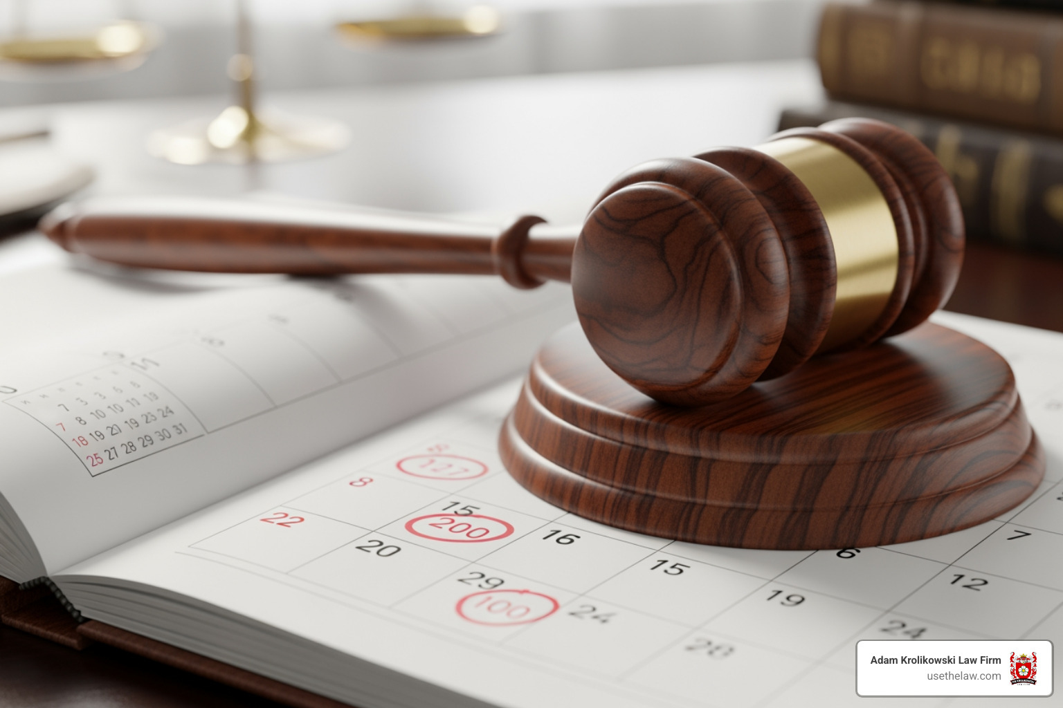A calendar with a gavel resting on it, symbolizing legal timelines and judicial processes. - personal injury attorney in santa ana A calendar with a gavel resting on it, symbolizing legal timelines and judicial processes. - personal injury attorney in santa ana