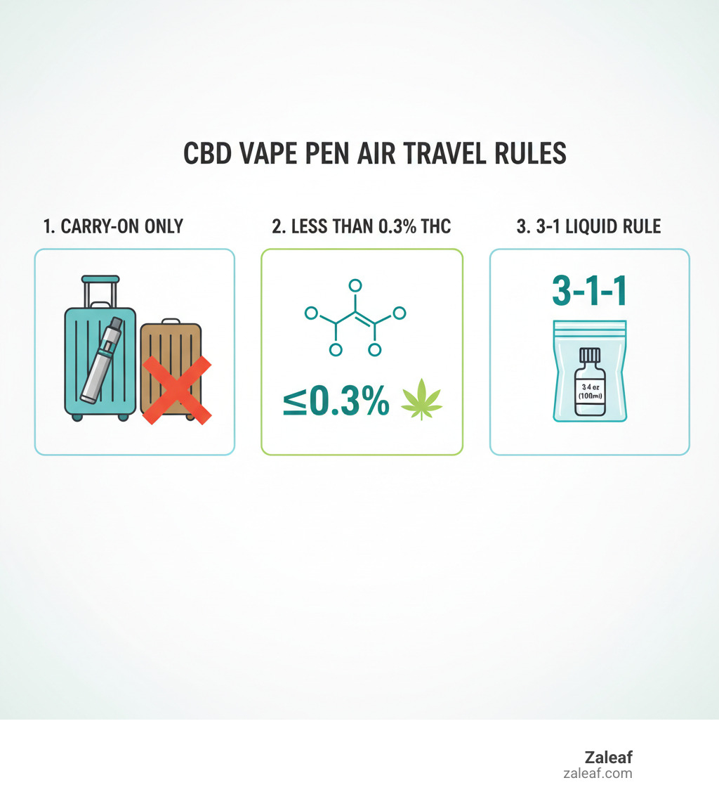 Infographic showing three main rules for flying with CBD vape pens: Rule 1 - Carry-On Only with illustration of vape pen in carry-on bag and X mark over checked luggage, Rule 2 - Must Contain Less Than 0.3% THC with molecular diagram and hemp leaf icon, Rule 3 - Follow 3-1-1 Liquid Rule with illustration of 3.4oz bottle in clear quart-sized bag - can you take cbd vape pens on a plane infographic 