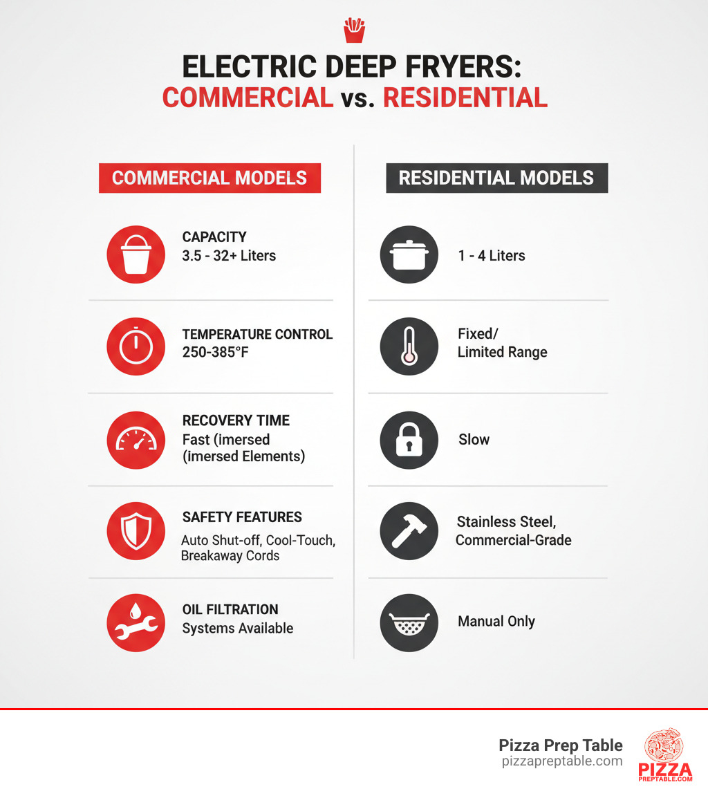 Infographic comparing commercial electric deep fryers to residential models, showing key differences in capacity (3.5-32+ liters vs 1-4 liters), temperature control (adjustable 250-385°F vs fixed or limited range), recovery time (fast with immersed heating elements vs slow), safety features (auto shut-off, cool-touch, breakaway cords vs basic), construction (stainless steel commercial-grade vs plastic/light metal), and oil filtration (built-in systems available vs manual only) - electric deep fryers infographic 