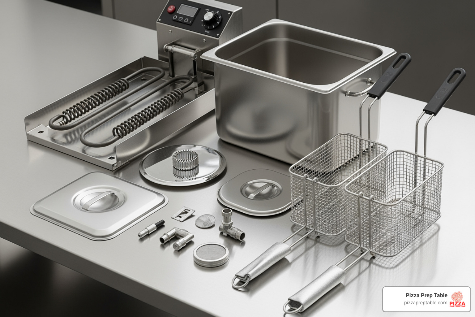 Removable parts of an electric deep fryer laid out for cleaning - electric deep fryers
