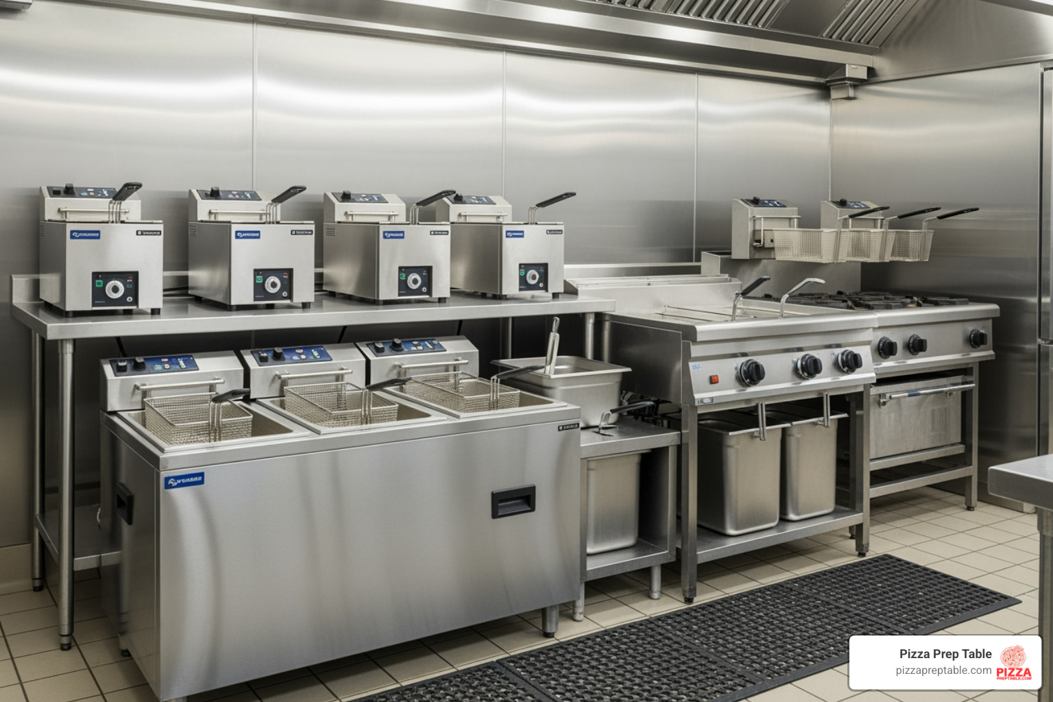 Countertop and floor model deep fryers in a professional kitchen setting - electric deep fryers