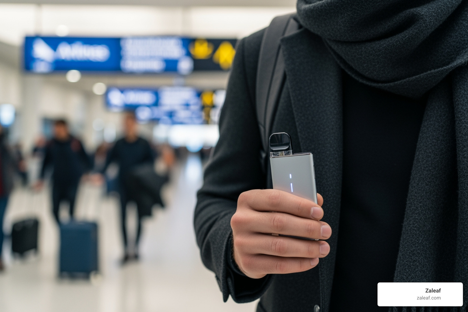 A clear quart-sized bag containing a small Zaleaf CBD e-liquid bottle, toothpaste, and other toiletries - can you take cbd vape pens on a plane
