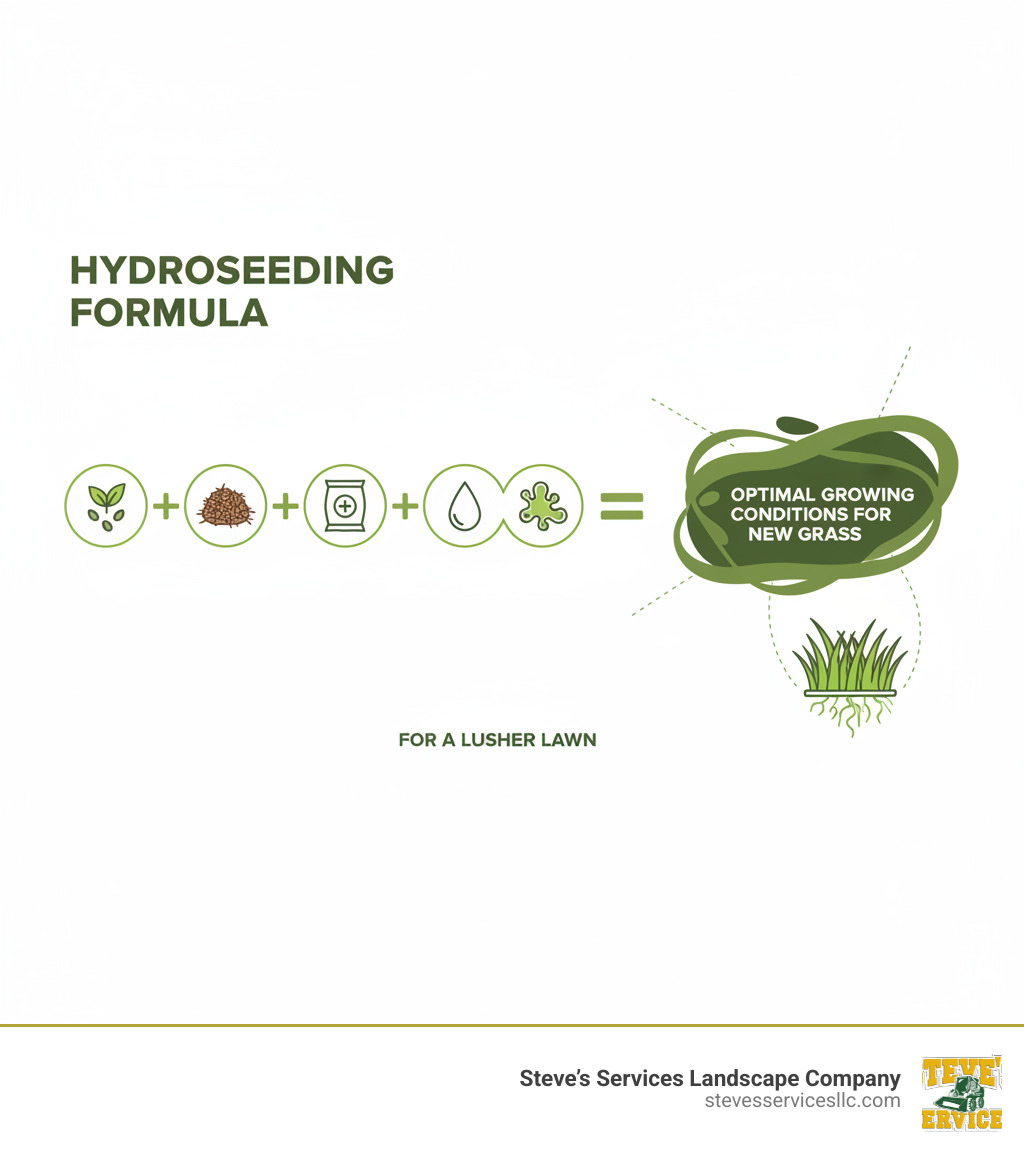 Infographic showing the basic hydroseeding formula: grass seed plus mulch fiber plus starter fertilizer plus water plus tackifier equals a protective slurry that creates optimal growing conditions for new grass - sprayable grass seeds infographic 
