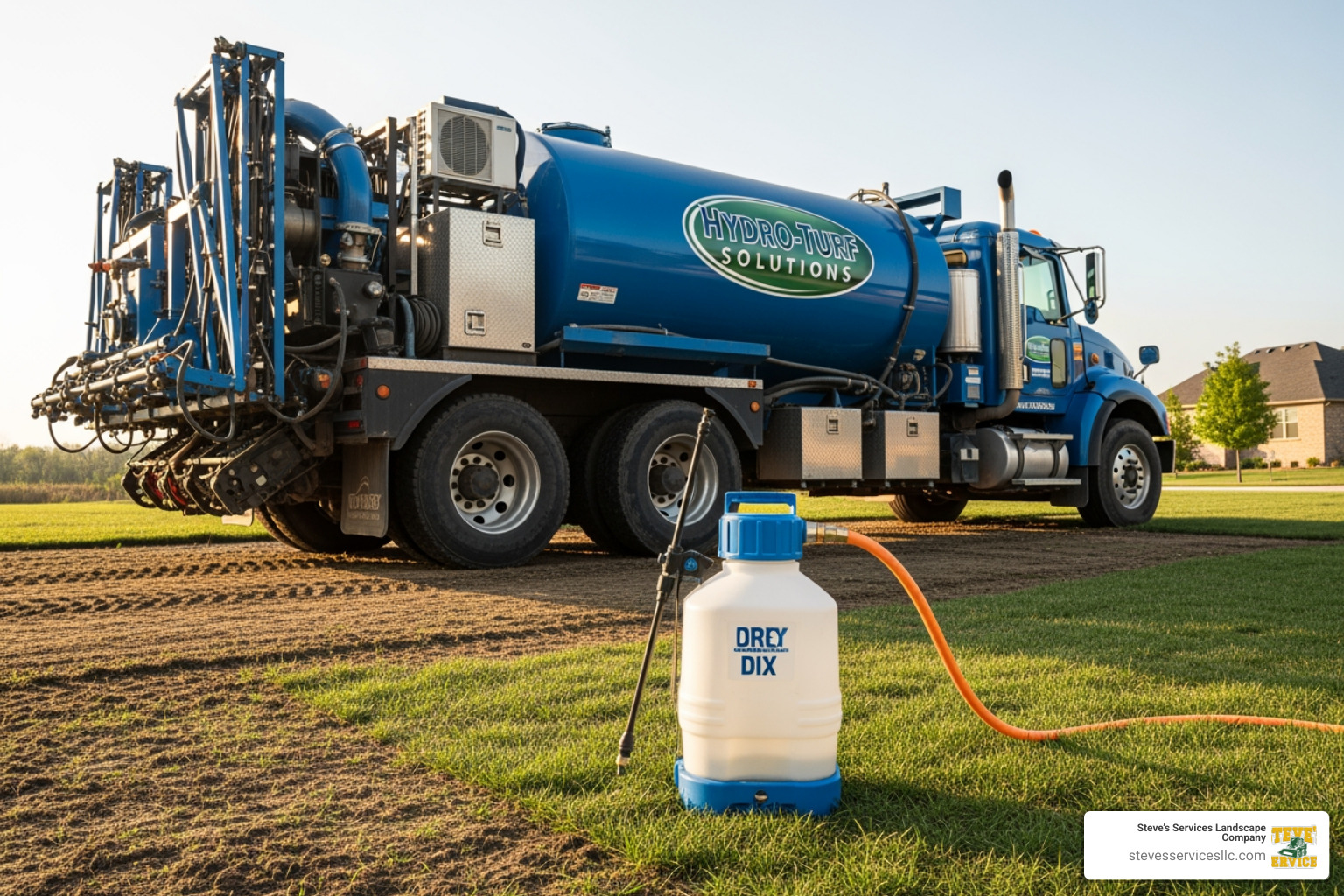 Professional hydroseeding truck next to a small hose-end DIY sprayer - sprayable grass seeds