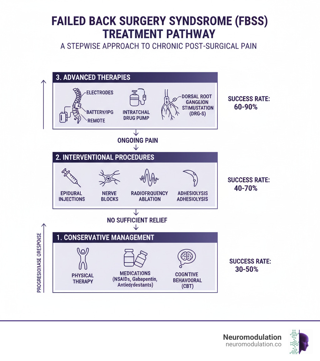 Infographic showing the treatment pathway for failed back surgery syndrome, starting with conservative management including physical therapy, medications (NSAIDs, gabapentin, antidepressants), and cognitive behavioral therapy. The middle tier shows interventional procedures such as epidural steroid injections, nerve blocks, radiofrequency ablation, and adhesiolysis. The top tier illustrates advanced therapies including spinal cord stimulation with labeled components, intrathecal drug pumps, and dorsal root ganglion stimulation. Arrows indicate progression through treatment levels based on response, with success rates noted at each stage. - failed back surgery syndrome infographic 