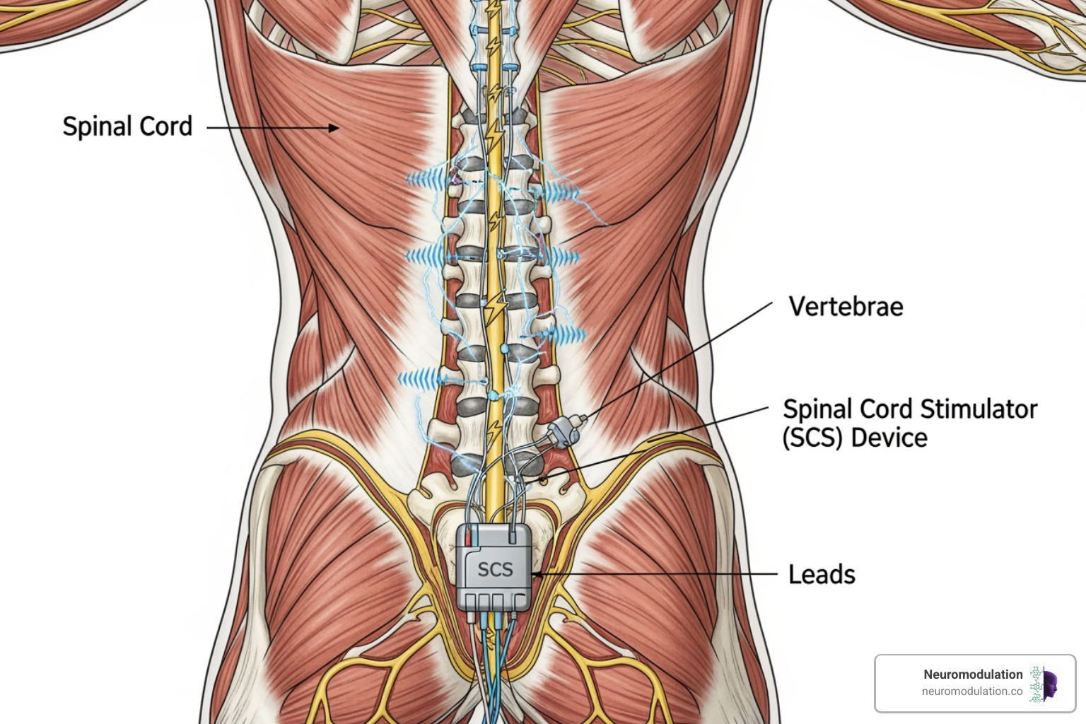 diagram illustrating how a spinal cord stimulator works - failed back surgery syndrome