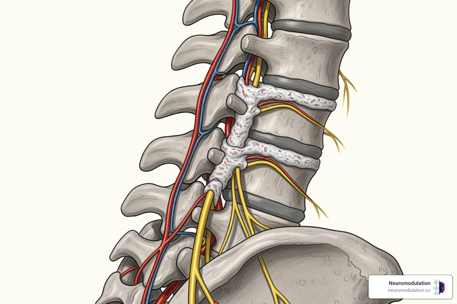illustrating potential spinal issues like scar tissue and adjacent segment disease - failed back surgery syndrome