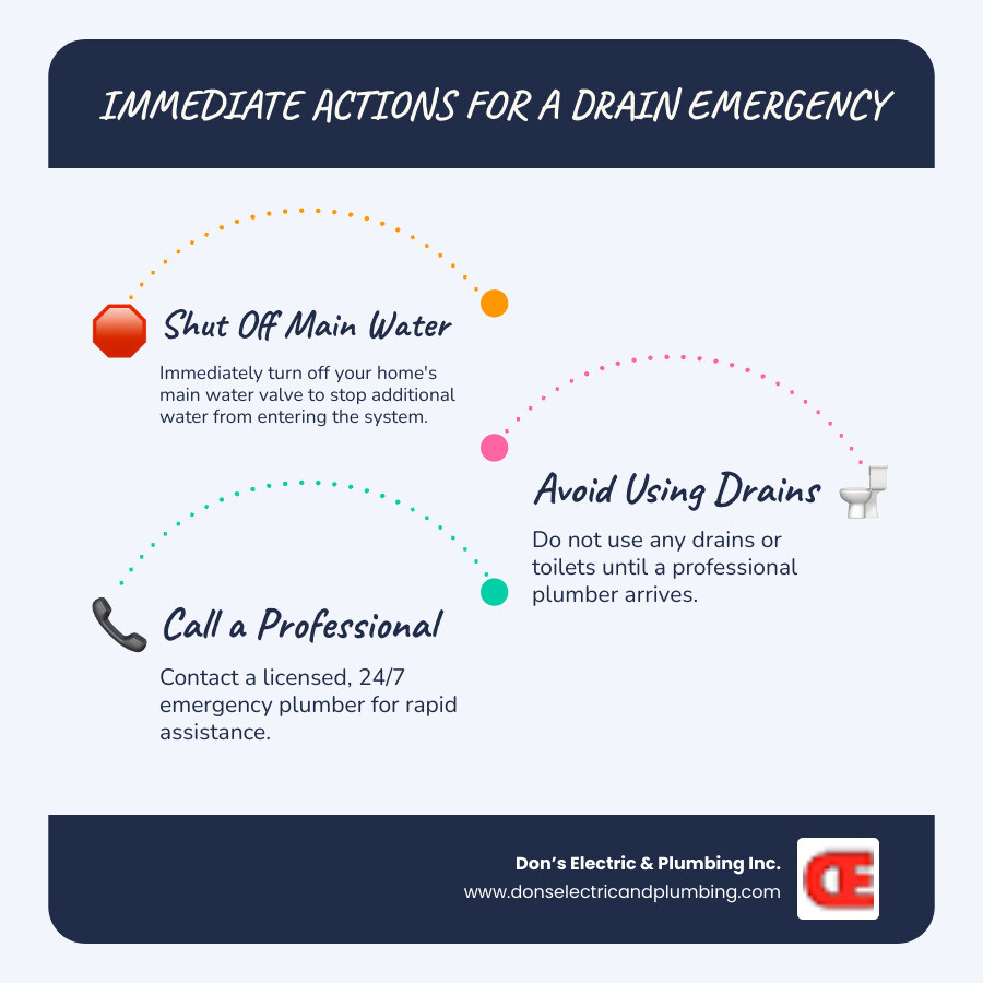 Infographic showing 5 immediate steps during a drain emergency: 1) Shut off main water valve with illustration of valve location, 2) Stop using all drains and toilets with red X over sink, 3) Call 24/7 emergency plumber with phone icon, 4) Avoid chemical cleaners with crossed-out bottle, 5) Clear area and avoid electricity near water with warning symbol - emergency drain service minden infographic infographic-line-3-steps-blues-accent_colors Infographic showing 5 immediate steps during a drain emergency: 1) Shut off main water valve with illustration of valve location, 2) Stop using all drains and toilets with red X over sink, 3) Call 24/7 emergency plumber with phone icon, 4) Avoid chemical cleaners with crossed-out bottle, 5) Clear area and avoid electricity near water with warning symbol - emergency drain service minden infographic infographic-line-3-steps-blues-accent_colors