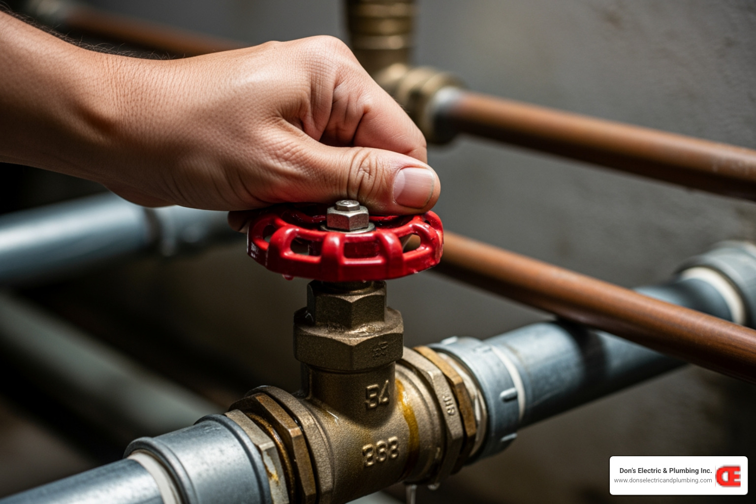 A hand shutting off a main water valve - emergency drain service minden A hand shutting off a main water valve - emergency drain service minden