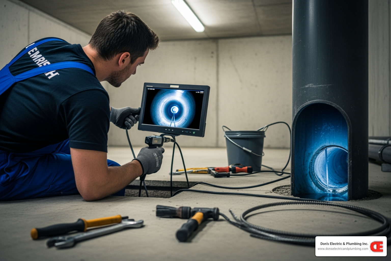 A plumber using a drain inspection camera - emergency drain service minden A plumber using a drain inspection camera - emergency drain service minden