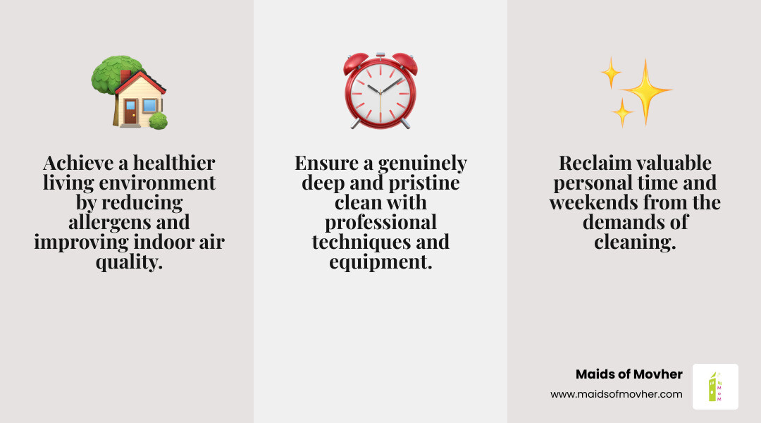 infographic showing three icons: a house with a heart labeled Healthier Home, a clock with arrows labeled More Free Time, and a sparkle with checkmark labeled Professional Grade Results - trained cleaning professionals washington infographic 3_facts_emoji_grey