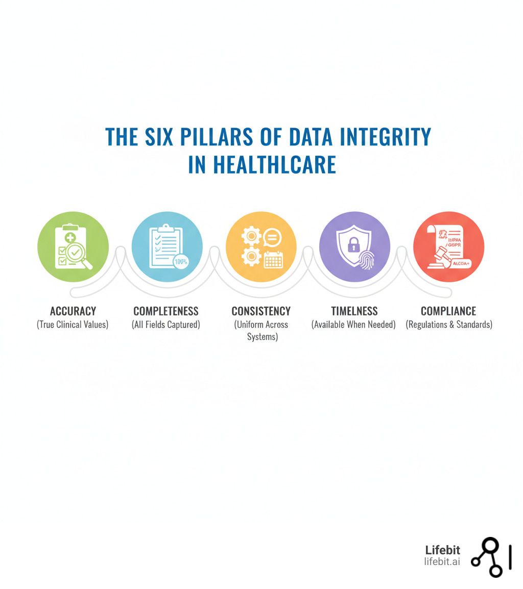 Infographic showing the six pillars of data integrity in healthcare: Accuracy (data reflects true clinical values), Completeness (all required fields captured), Consistency (uniform across systems), Timeliness (available when needed), Security (protected from unauthorized access), and Compliance (follows ALCOA+ and regulatory standards like HIPAA/GDPR) - data integrity in health information systems infographic 
