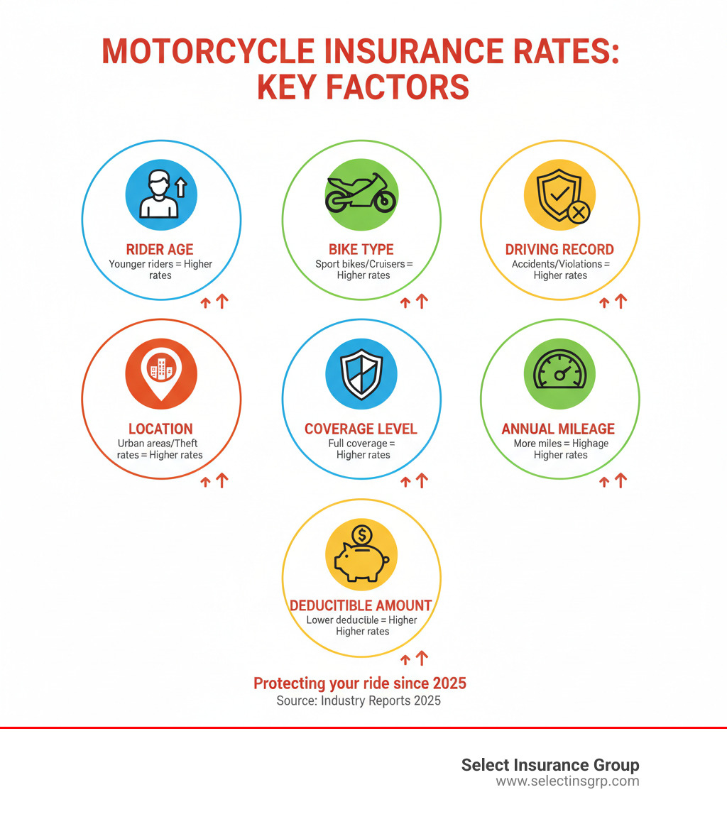 infographic showing key factors affecting motorcycle insurance rates including rider age, bike type, driving record, location, coverage level, annual mileage, and deductible amount with visual icons and cost impact indicators - best motorcycle insurance infographic 