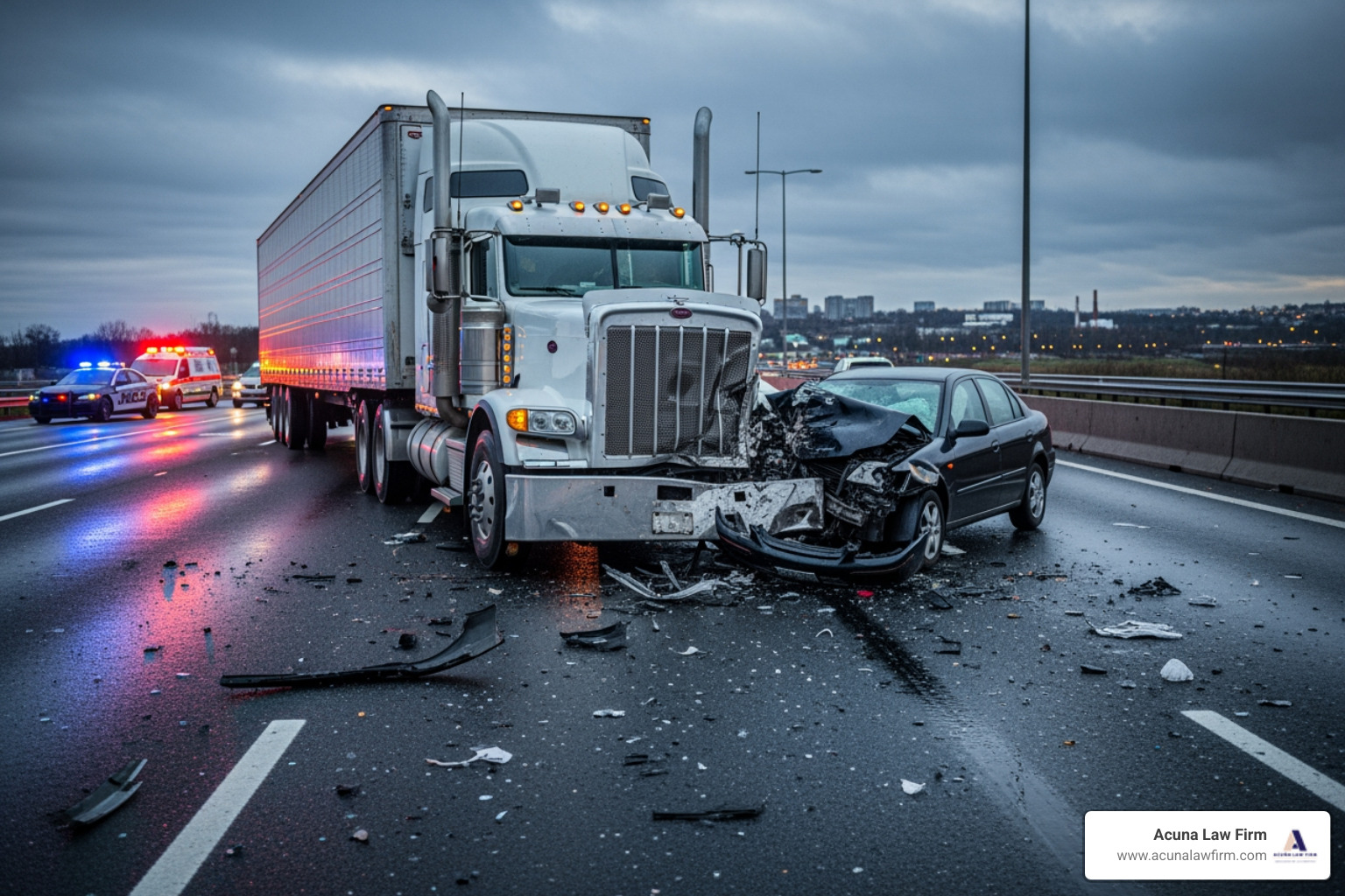 a collision scene showing the size difference between a passenger car and a semi-truck - commercial trucking attorneys a collision scene showing the size difference between a passenger car and a semi-truck - commercial trucking attorneys