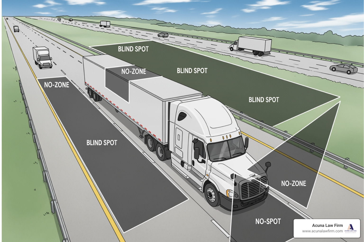 illustration of a truck's large blind spots or "no-zones" - 18 wheeler accident