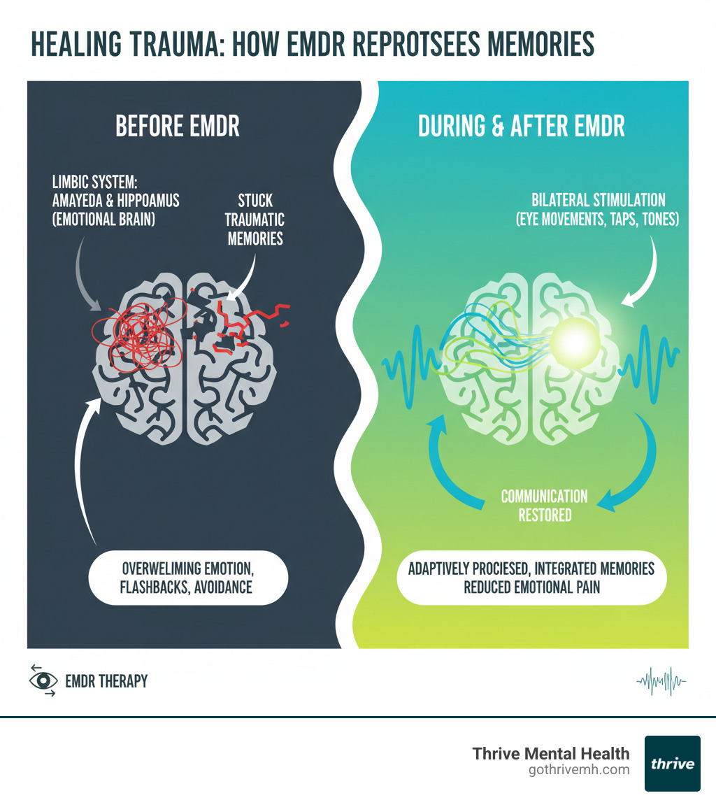 Infographic showing how EMDR helps the brain reprocess traumatic memories: visual representation of how distressing memories become "stuck" in the brain's limbic system, and how bilateral stimulation during EMDR therapy facilitates communication between the amygdala, hippocampus, and prefrontal cortex to transform these memories from emotionally overwhelming to adaptively processed and integrated - what is emdr primarily used for infographic 