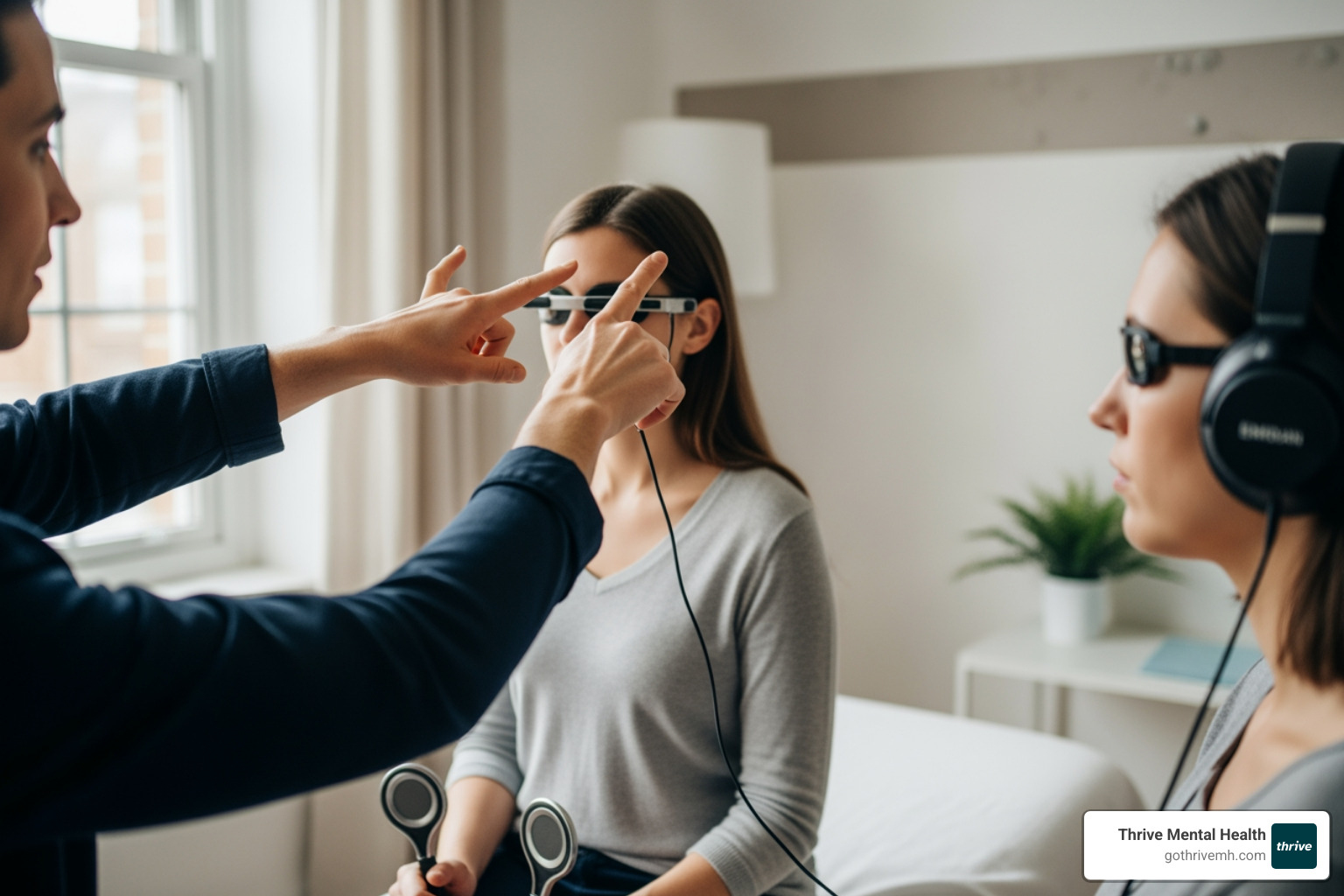Illustrative image showing different forms of bilateral stimulation, such as a therapist's hand moving side to side for eye movements, a person holding tappers in their hands, and headphones for auditory tones - what is emdr primarily used for