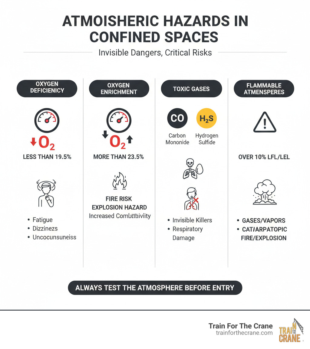 infographic describing atmospheric hazards in confined spaces, including oxygen deficiency (less than 19.5%), oxygen enrichment (more than 23.5%), and common toxic gases like CO and H2S - confined space training infographic 