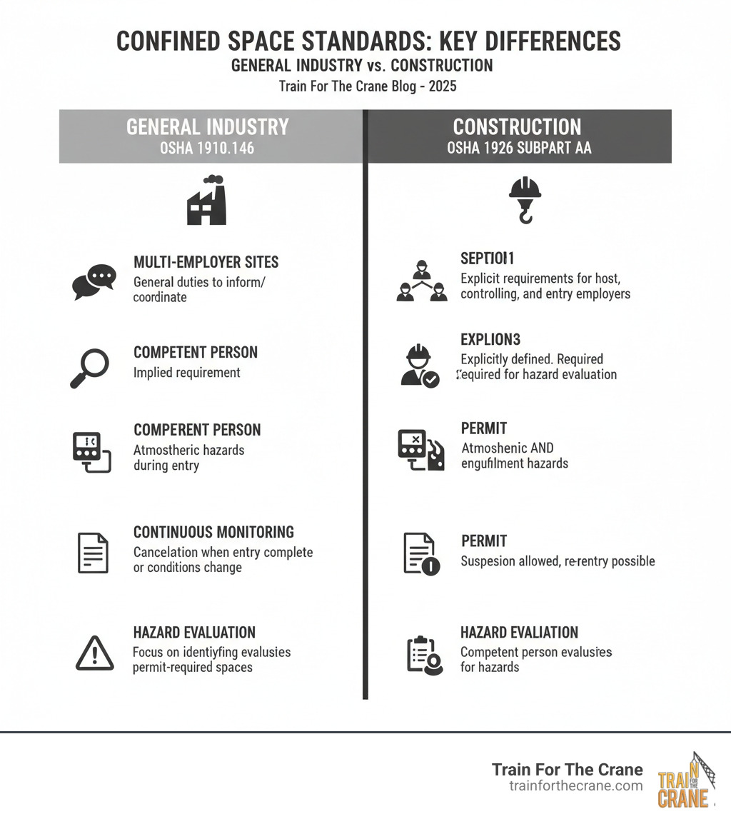 infographic comparing key differences between OSHA's General Industry (1910.146) and Construction (1926 Subpart AA) confined space standards - confined space training infographic 