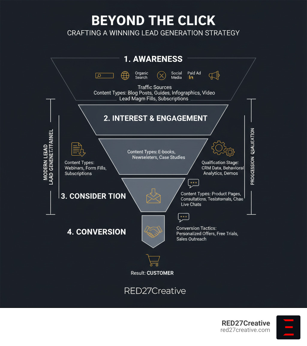 Infographic showing the modern lead generation funnel from awareness to conversion, including traffic sources, content types, qualification stages, and conversion tactics - Lead generation strategy infographic Infographic showing the modern lead generation funnel from awareness to conversion, including traffic sources, content types, qualification stages, and conversion tactics - Lead generation strategy infographic