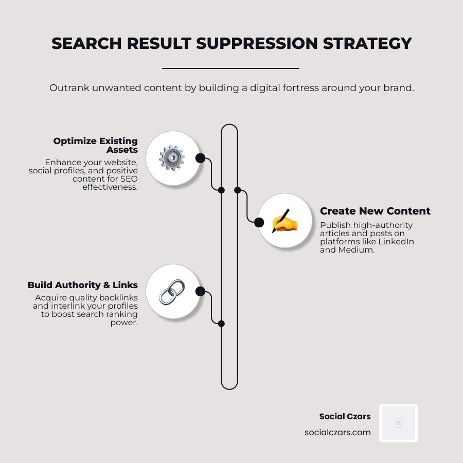 infographic showing search result suppression strategy with three pillars: optimize existing content, create new positive content, and build authority through backlinks - Suppress negative search results infographic infographic-line-3-steps-elegant_beige