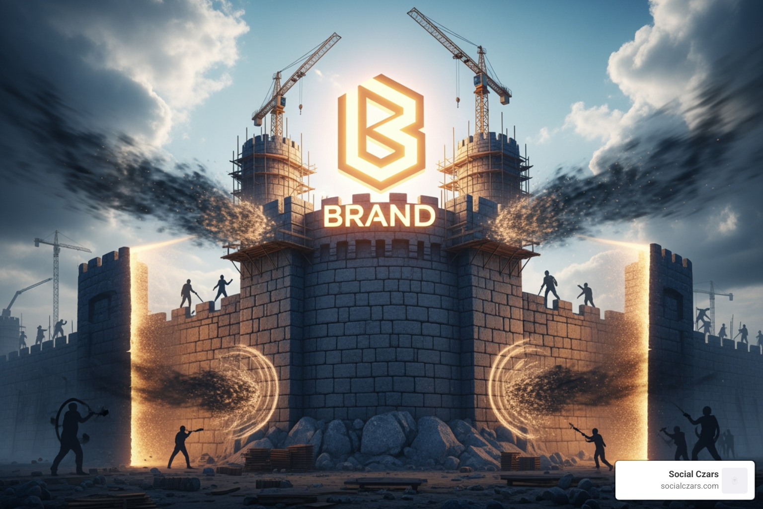 fortress being built around a positive brand logo, with negative items being pushed away - Suppress negative search results