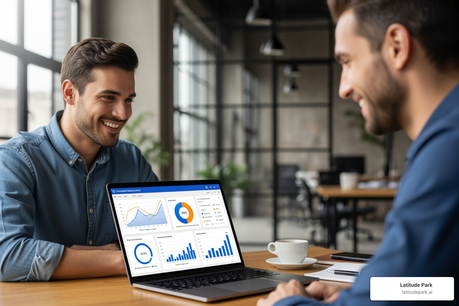 A person smiling while working on a laptop, with charts and graphs indicating successful digital ad campaigns visible on the screen. - selling digital advertising space